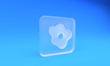 Buzlu cam çırpılmış yumurta ikonu mavi arka planda izole edilmiş. Ev yemeği, sahanda yumurta, sağlıklı kahvaltı, omlet ikonu. Kare buzlu cam düğme. 3 Boyutlu resimleme.