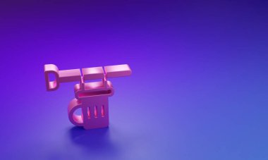 Mor-mavi arka planda izole edilmiş bira ikonu dolu pembe sokak tabelası. Reklamlar için uygun bar, kafe, bar, restoran. Minimalizm kavramı. 3 Boyutlu resimleme.