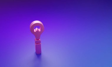 Mor-mavi arkaplanda pembe şişe açma simgesi izole edildi. Minimalizm kavramı. 3 Boyutlu resimleme.