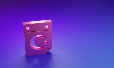 Pembe Yıldız ve Hilal. Mor-mavi arka planda izole edilmiş İslam ikonunun sembolü. Din sembolü. Minimalizm kavramı. 3 Boyutlu resimleme.