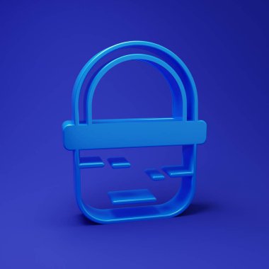 Mavi Basket simgesi mavi arkaplanda izole edildi. İnternetten satın alma konsepti. Servis tabelası. Alışveriş arabası sembolü. Minimalizm kavramı. 3 Boyutlu resimleme.