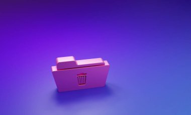 Mor-mavi arkaplanda izole edilmiş pembe silme klasörü simgesi. Geri dönüşüm kutusu olan klasör. Dizini sil ya da hata yap. Bilgisayar bilgi dizini işaretini kapat. Minimalizm kavramı. 3 Boyutlu resimleme.