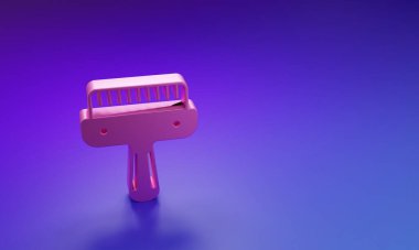 Mor-mavi arka planda izole edilmiş köpek ve kedi ikonu için pembe saç fırçası. Hayvan kürkü için fırça. Hayvan aksesuarı. Minimalizm kavramı. 3 Boyutlu resimleme.