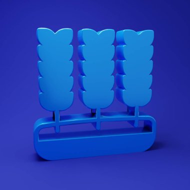 Mavi mısır gevrekleri; pirinç, buğday, mısır, yulaf, çavdar, mavi arka planda izole edilmiş arpa ikonu. Buğday ekmeği sembolleri. Minimalizm kavramı. 3 Boyutlu resimleme.