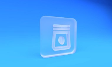 Mavi arka planda izole edilmiş buzlu kahve torbası ikonu. Kare buzlu cam düğme. 3 Boyutlu resimleme.