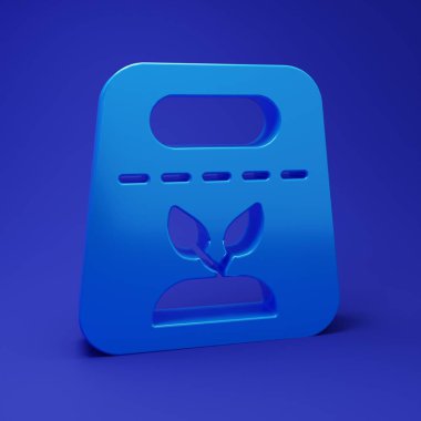 Mavi arka planda izole edilmiş özel bir bitki simgesinin tohumlarıyla dolu mavi paket. Minimalizm kavramı. 3 Boyutlu resimleme.