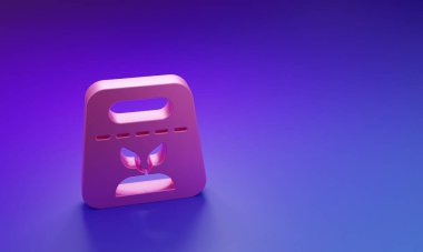 Mor-mavi arka planda izole edilmiş özel bir bitki simgesinin tohumlarıyla dolu pembe paket. Minimalizm kavramı. 3 Boyutlu resimleme.