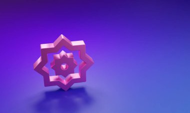 Mor-mavi arka planda izole edilmiş pembe İslami sekizgen yıldız süsleme simgesi. Minimalizm kavramı. 3 Boyutlu resimleme.
