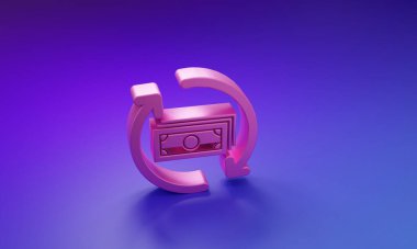 Pembe iade para ikonu mor-mavi arka planda izole. Finansal hizmetler, nakit geri ödeme konsepti, para iadesi, yatırım dönüşü, tasarruf hesabı. Minimalizm kavramı. 3 Boyutlu resimleme.