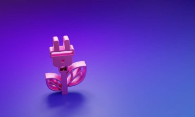 Mor-mavi arkaplanda izole edilmiş yaprak simgesindeki Pembe Elektrik kayıt prizi. Elektrik tasarrufu. Çevresel koruma. Biyolojik enerji. Minimalizm kavramı. 3 Boyutlu resimleme.