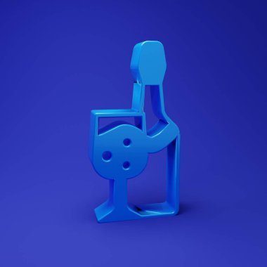Mavi arka planda cam ikon olan mavi şampanya şişesi. Minimalizm kavramı. 3 Boyutlu resimleme.