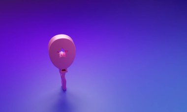 Mor-mavi arka planda izole edilmiş kurdele ikonlu pembe balon. Minimalizm kavramı. 3 Boyutlu resimleme.