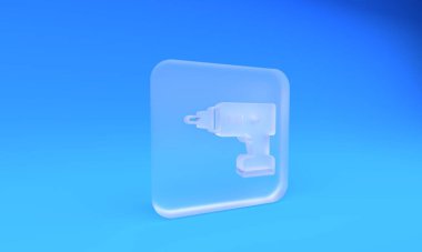 Buzlu cam elektrikli kablosuz tornavida ikonu mavi arka planda izole edildi. Elektrikli matkap. Tamir aleti. Kare buzlu cam düğme. 3 Boyutlu resimleme.