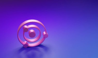 Mor-mavi arkaplanda izole edilmiş pembe güneş sistemi simgesi. Gezegenler yıldızın etrafında dönerler. Minimalizm kavramı. 3 Boyutlu resimleme.