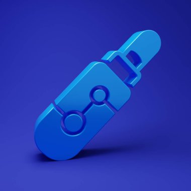 Mavi Elektronik sigara ikonu mavi arkaplanda izole edilmiş. Tüttürme aleti. Buharlaştırıcı Cihaz. Minimalizm kavramı. 3 Boyutlu resimleme.