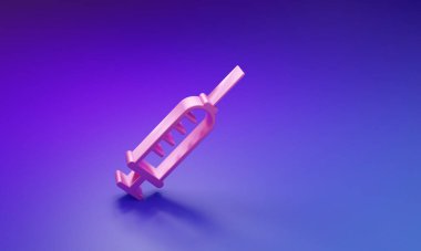 Mor-mavi arkaplanda izole edilmiş pembe şırınga ikonu. Aşı için şırınga, aşı, iğne, grip aşısı. Tıbbi ekipman. Minimalizm kavramı. 3 Boyutlu resimleme.