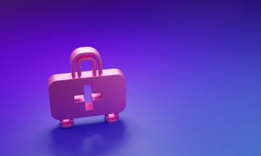 Mor-mavi arka planda izole edilmiş pembe ilk yardım seti simgesi. Haçlı sağlık kutusu. Acil durumlar için tıbbi ekipman. Sağlık sigortası konsepti. Minimalizm kavramı. 3 Boyutlu resimleme.