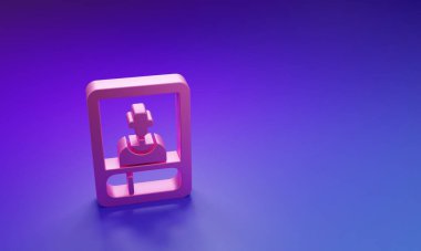 Mor-mavi arka planda izole edilmiş pembe futbol ya da futbol kartı simgesi. Futbol kartlarının koleksiyonu. Minimalizm kavramı. 3 Boyutlu resimleme.