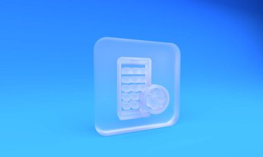 Buzlu cam Mobil Uygulamalar ve vites simgesi mavi arkaplanda izole edildi. Uygulama, servis konsepti, ayar seçenekleri, bakım, onarım, onarım. Kare buzlu cam düğme. 3 Boyutlu resimleme.