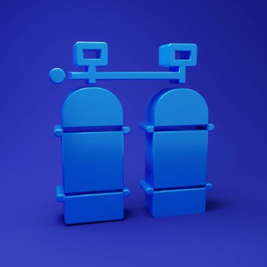 Mavi Aqualung simgesi mavi arkaplanda izole edildi. Dalgıçlar için oksijen tüpü. Dalış ekipmanları. Olağanüstü bir spor. Su altı ekipmanları. Minimalizm kavramı. 3 Boyutlu resimleme.