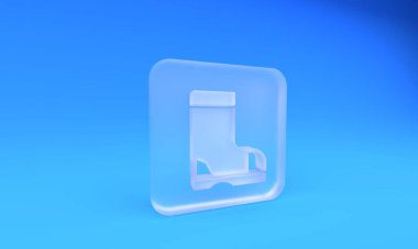 Buzlu cam su geçirmez lastik bot ikonu mavi arka planda izole edilmiş. Yağmurlu hava, balıkçılık, bahçe işleri için çizme. Kare buzlu cam düğme. 3 Boyutlu resimleme.