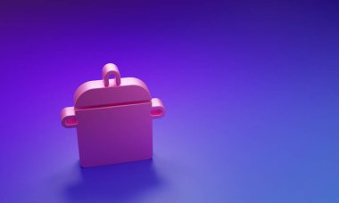 Mor-mavi arka planda izole edilmiş pembe tencere ikonu. Haşlama ya da güveç besin sembolü. Minimalizm kavramı. 3 Boyutlu resimleme.