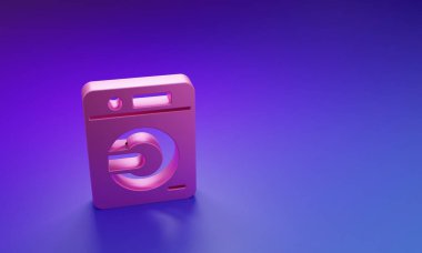 Mor-mavi arka planda izole edilmiş pembe çamaşır makinesi simgesi. Çamaşır makinesi simgesi. Çamaşır makinesi, çamaşır makinesi. Ev aletleri sembolü. Minimalizm kavramı. 3 Boyutlu resimleme.