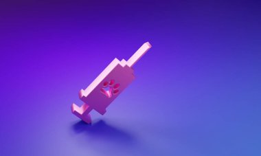 Mor-mavi arka planda izole edilmiş evcil hayvan aşısı ikonu olan pembe şırınga. Köpek ya da kedi pençesi izi. Minimalizm kavramı. 3 Boyutlu resimleme.