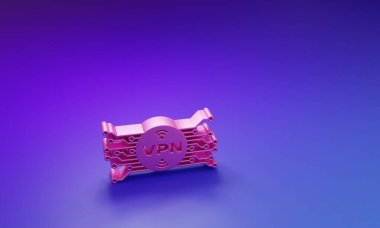 Pembe VPN, mor-mavi arka planda izole edilmiş mikroçip devre ikonu ile daire içinde. Minimalizm kavramı. 3 Boyutlu resimleme.
