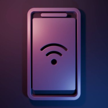 Mor-mavi arka planda izole edilmiş ücretsiz kablosuz bağlantı ikonu olan mor akıllı telefon. Kablosuz teknoloji, kablosuz bağlantı, kablosuz ağ. Minimalizm kavramı. 3 Boyutlu resimleme.