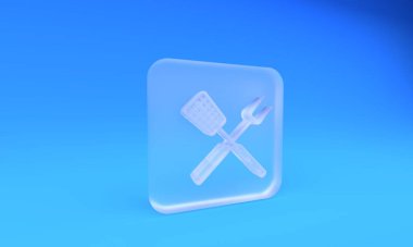 Buzlu cam çapraz çatal ve mavi arka planda izole edilmiş spatula ikonu. Mangal çatalı ve spatula işareti. Barbekü ve ızgara aletleri. Kare buzlu cam düğme. 3 Boyutlu resimleme.