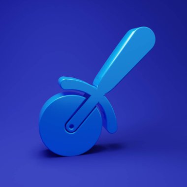 Mavi Pizza bıçağı ikonu mavi arka planda izole edilmiş. Pizza kesme tabelası. Çelik mutfak gereçleri. Minimalizm kavramı. 3 Boyutlu resimleme.