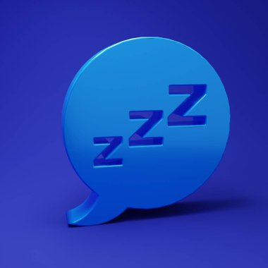 Mavi arkaplanda izole edilmiş horlama ikonu olan mavi konuşma balonu. Uyku, uykusuzluk, alarmlı saat uygulaması, derin uyku, uyanış. Minimalizm kavramı. 3 Boyutlu resimleme.