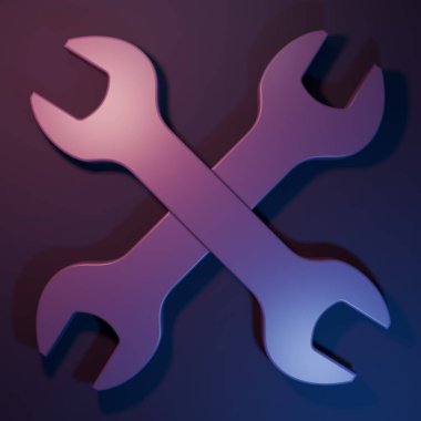 Mor Çizgili İngiliz anahtarı simgesi mor-mavi arkaplanda izole edilmiş. Anahtar tamir aleti. Servis aracı sembolü. Minimalizm kavramı. 3 Boyutlu resimleme.