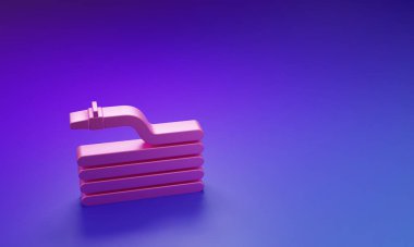 Pembe bahçe hortumu ya da yangın hortumu ikonu mor-mavi arka planda izole edilmiş. Sprey tabanca ikonu. Su ekipmanları. Minimalizm kavramı. 3 Boyutlu resimleme.