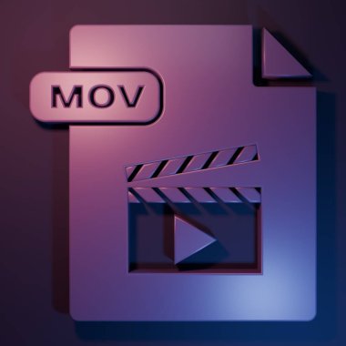 Mor MOV dosya belgesi. Mor-mavi arkaplanda mov simgesi indir. MOV dosya sembolü. Ses ve video koleksiyonu. Minimalizm kavramı. 3 Boyutlu resimleme.