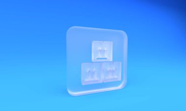 Mavi arka planda izole edilmiş trafik sembolü simgesi olan buzlu cam karton kutu. Kutu, paket, paket işareti. Teslimat, ulaşım ve nakliye. Kare buzlu cam düğme. 3 Boyutlu resimleme.