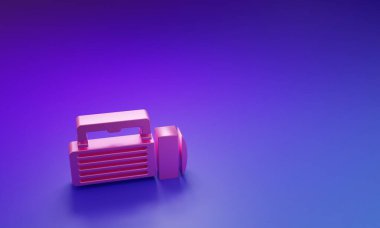 Mor-mavi arkaplanda izole edilmiş pembe el feneri simgesi. Turist el feneri sapı. Minimalizm kavramı. 3 Boyutlu resimleme.