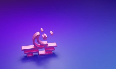 Pembe Ay ve yıldızların simgesi mor-mavi arkaplanda izole edilmiş. Minimalizm kavramı. 3 Boyutlu resimleme.