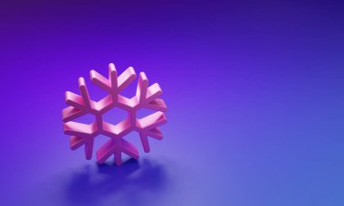 Mor-mavi arkaplanda izole edilmiş pembe kar tanesi simgesi. Minimalizm kavramı. 3 Boyutlu resimleme.