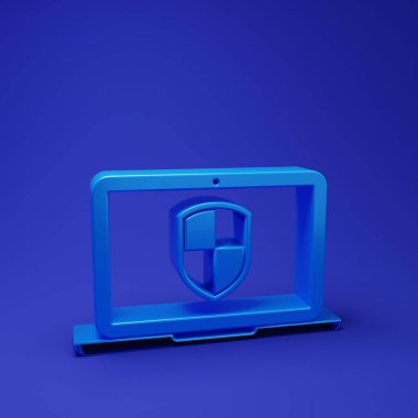 Mavi dizüstü bilgisayar korumalı, mavi arkaplanda da kalkan simgesi var. Bilgisayar güvenliği, güvenlik duvarı teknolojisi, özel güvenlik. Minimalizm kavramı. 3 Boyutlu resimleme.