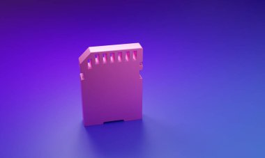 Mor-mavi arkaplanda izole edilmiş pembe SD kart simgesi. Hafıza kartı. Adaptör simgesi. Minimalizm kavramı. 3 Boyutlu resimleme.
