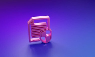 Mor-mavi arka planda izole edilmiş Pembe Belge koruma konsepti ikonu. Gizli bilgi ve gizlilik fikri, güvenlik, koruma, kalkan. Minimalizm kavramı. 3 Boyutlu resimleme.