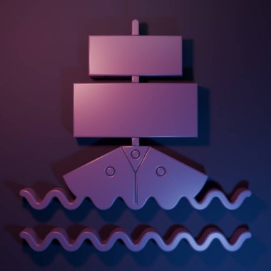 Mor renkli gemi simgesi mor-mavi arkaplanda izole edildi. Minimalizm kavramı. 3 Boyutlu resimleme.