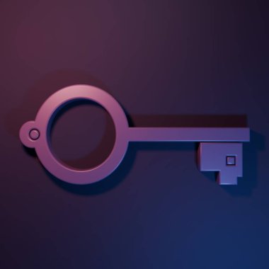 Mor-mavi arka planda izole edilmiş oyun simgesi için Mor Eskiler anahtarı. Minimalizm kavramı. 3 Boyutlu resimleme.