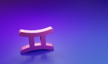 Mor-mavi arka planda izole edilmiş pembe ikizler burcu simgesi. Astrolojik yıldız falı koleksiyonu. Minimalizm kavramı. 3 Boyutlu resimleme.