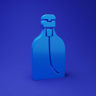 Mavi arka planda izole edilmiş şeker ikonu olan mavi bir şişe antibakteriyel sabun. Dezenfeksiyon, hijyen, cilt bakımı. Minimalizm kavramı. 3 Boyutlu resimleme.