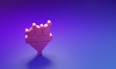 Mor-mavi arka planda izole edilmiş pazarlama ve girişim simgesi grafiği olan Pembe Satış hunisi. Bilgi şablonu. Minimalizm kavramı. 3 Boyutlu resimleme.