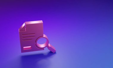 Mor-mavi arkaplanda izole edilmiş arama simgesine sahip pembe belge. Dosya ve büyüteç simgesi. Analitik araştırma işareti. Minimalizm kavramı. 3 Boyutlu resimleme.