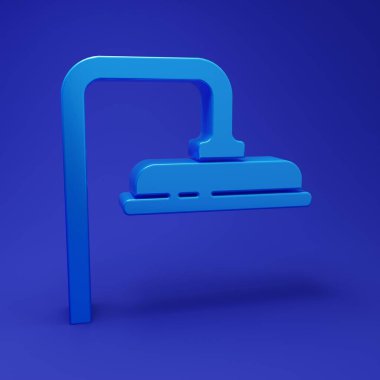 Mavi duş başlığında mavi arkaplanda su damlası ikonu var. Minimalizm kavramı. 3 Boyutlu resimleme.